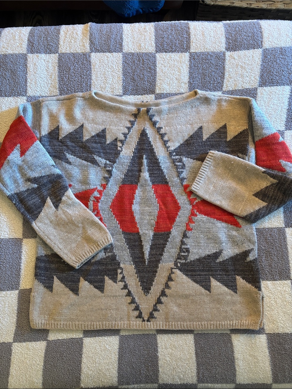 Lauren Ralph Lauren Beige Crewneck Sweater with Red and Gray Aztec Motif